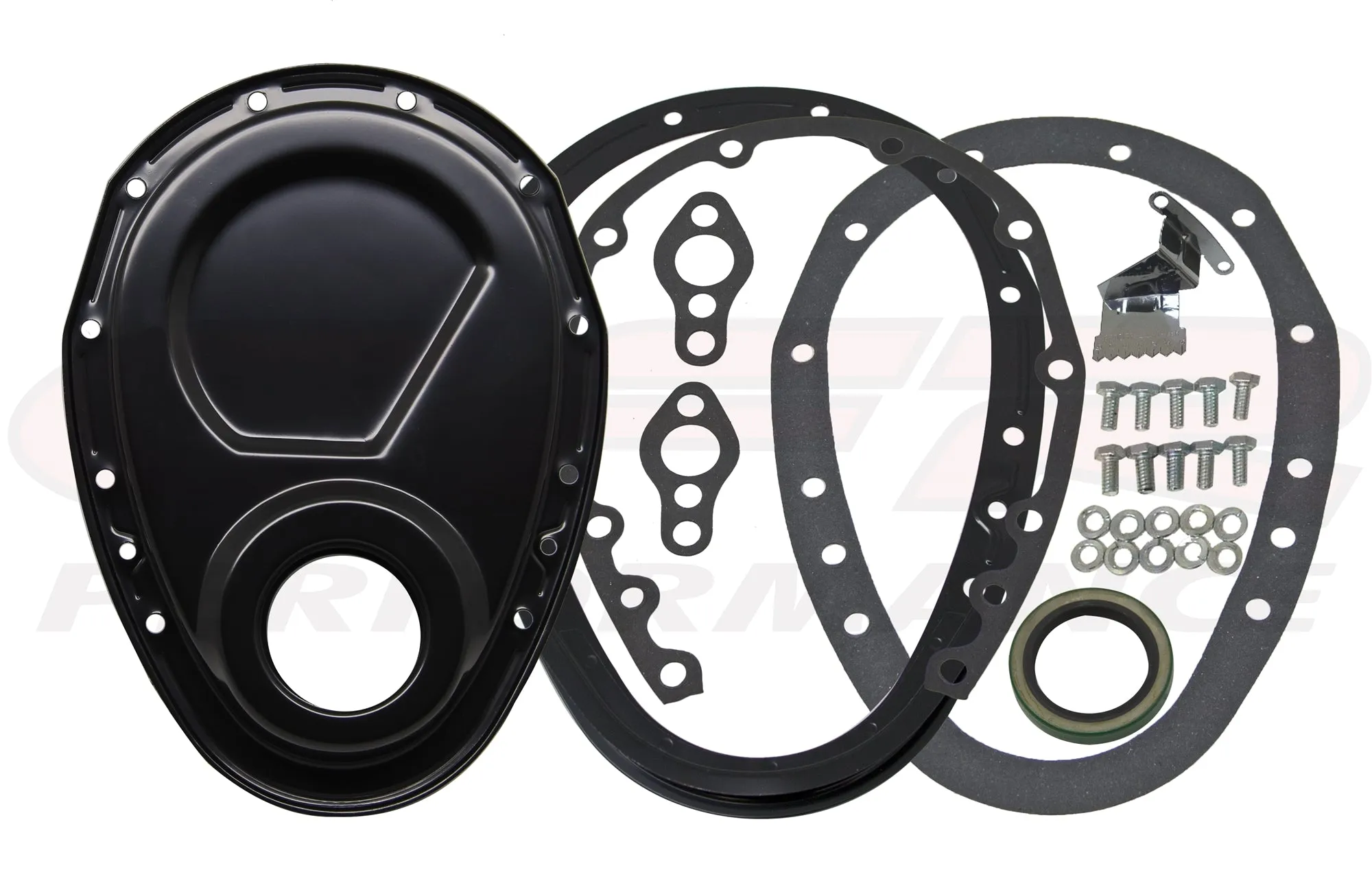 1955-65 CHEVY SMALL BLOCK 283-305-327-350-400 STEEL 2-PIECE TIMING CHAIN COVER SET - BLACK