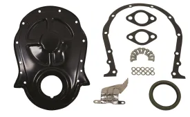 1966-90 CHEVY BIG BLOCK 396-402-427-454 STEEL TIMING CHAIN COVER SET W- TIMING TAB - BLACK