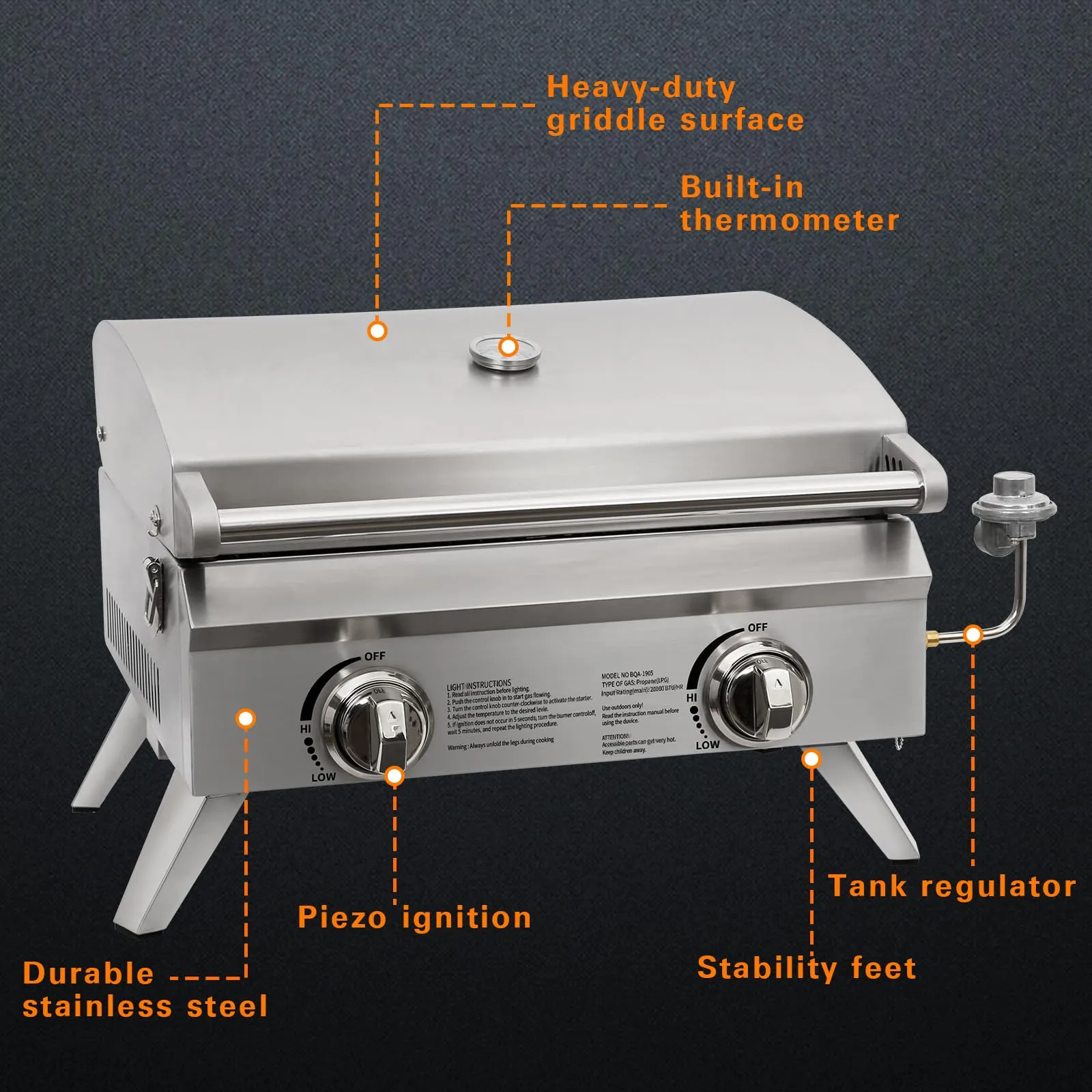 Hykolity 20 in. Portable Tabletop Gas Grill, 20,000 BTU Propane Gas Grill with Travel Locks & Built in Thermometer, Stainless Steel Table Top Camping Grill with Foldable Legs for Outdoor, Cooking