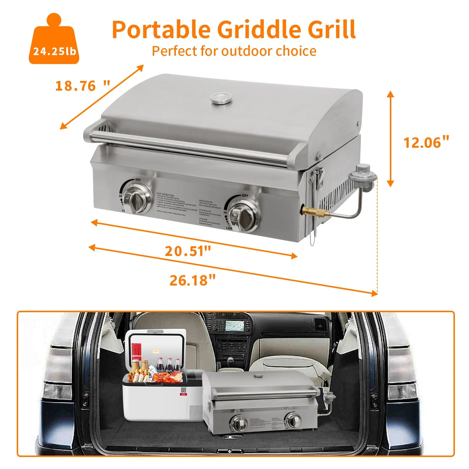 Hykolity 20 in. Portable Tabletop Gas Grill, 20,000 BTU Propane Gas Grill with Travel Locks & Built in Thermometer, Stainless Steel Table Top Camping Grill with Foldable Legs for Outdoor, Cooking