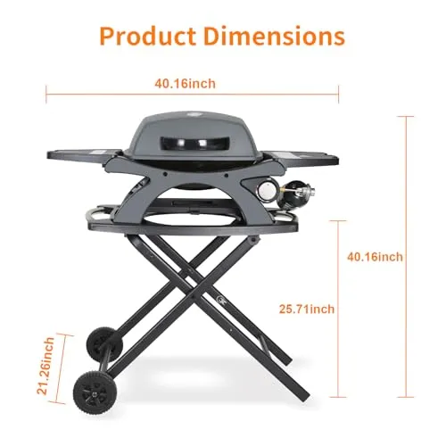 Hykolity Portable Stand-Up Propane Gas Grill, 12,000 BTU Outdoor BBQ Grill with Collapsible Cart, Camping Grill with Removable Side Tables and Built-in Thermometer for Outdoor Cooking, Tailgating