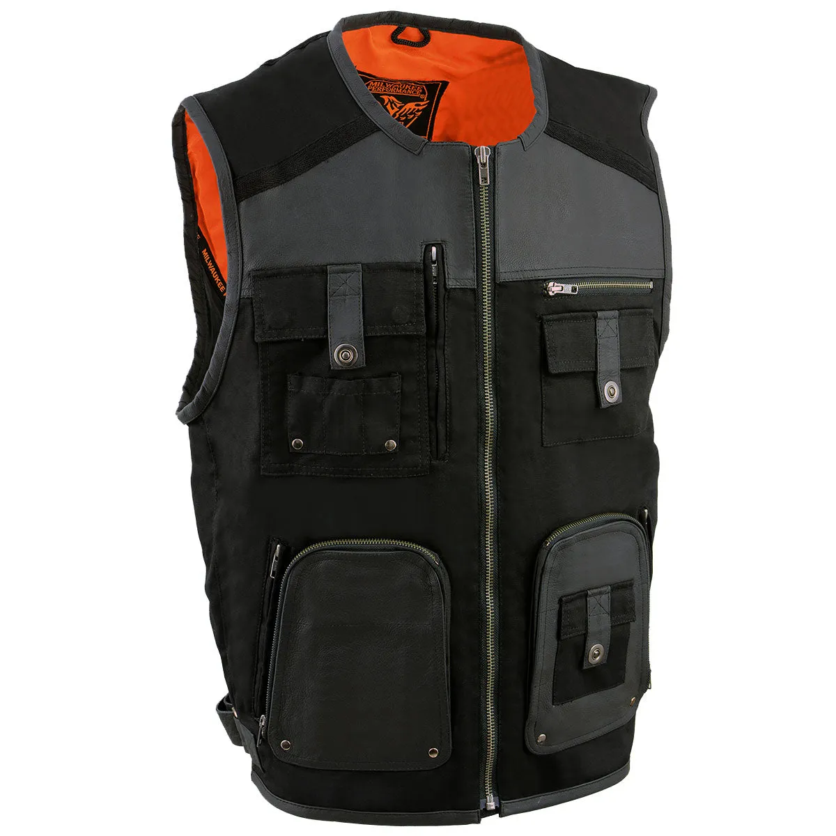 Milwaukee Leather MPM3310 Men's 'Super Utility' Black Leather and Canvas Multi-Pocket Vest