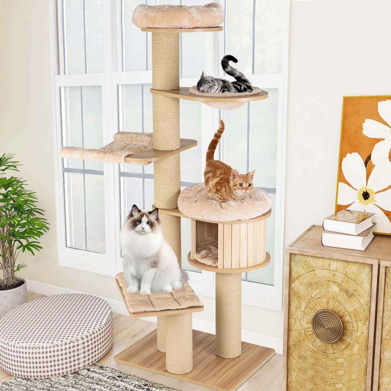 Tangkula Large Cat Tree Tower, Multi-Level Tall Cat Tree with Sisal Posts, Hammocks & Hanging Basket for Indoor Large Cats