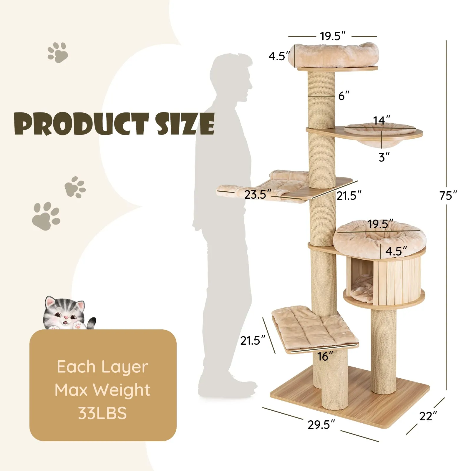 Tangkula Large Cat Tree Tower, Multi-Level Tall Cat Tree with Sisal Posts, Hammocks & Hanging Basket for Indoor Large Cats