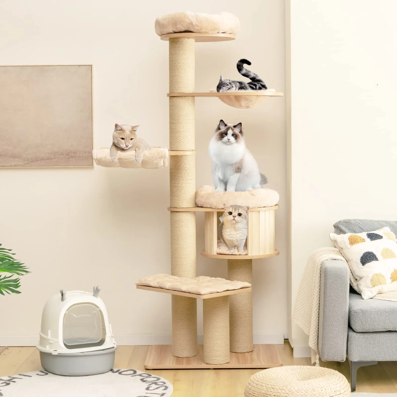 Tangkula Large Cat Tree Tower, Multi-Level Tall Cat Tree with Sisal Posts, Hammocks & Hanging Basket for Indoor Large Cats